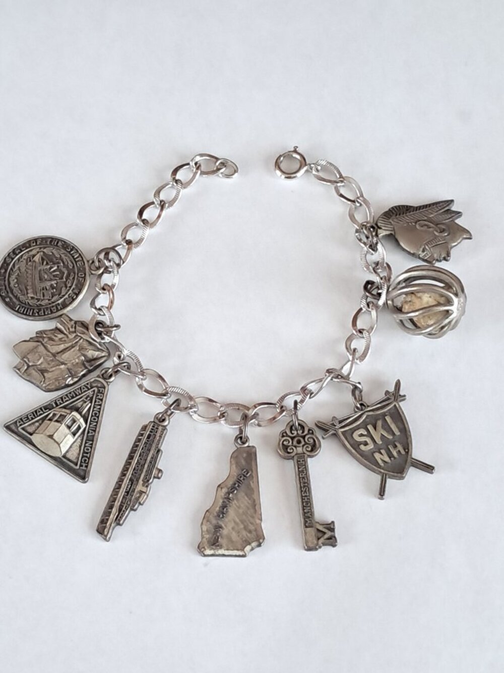 Vintage Sterling Silver New Hampshire Charm Bracelet Old Man Live Free or Die 7"